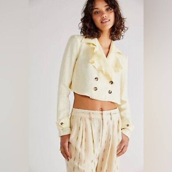 Free People Bennie Crop Blazer 100% Linen Sun Yellow Crossover Back Size Medium - Picture 3 of 10